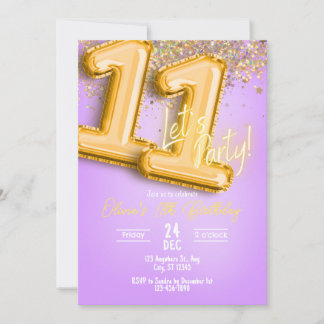 Purple Glitter 11th Birthday Invitation