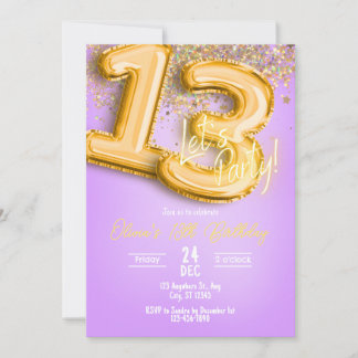 Purple Glitter 13th Birthday Invitation