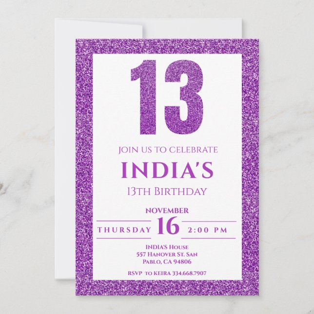 Purple Glitter 13th Birthday Invitation (Front)