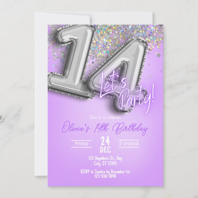 Purple Glitter 14th Birthday Invitation (Front)