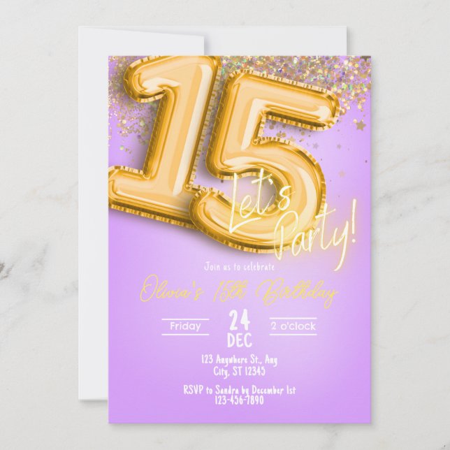 Purple Glitter 15th Birthday Invitation (Front)