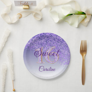 Purple Glitter, 16 Glitter, Sweet 16 Birthday Pape Paper Plate