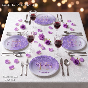 Purple Glitter, 16 Glitter, Sweet 16 Birthday Pape Paper Plate