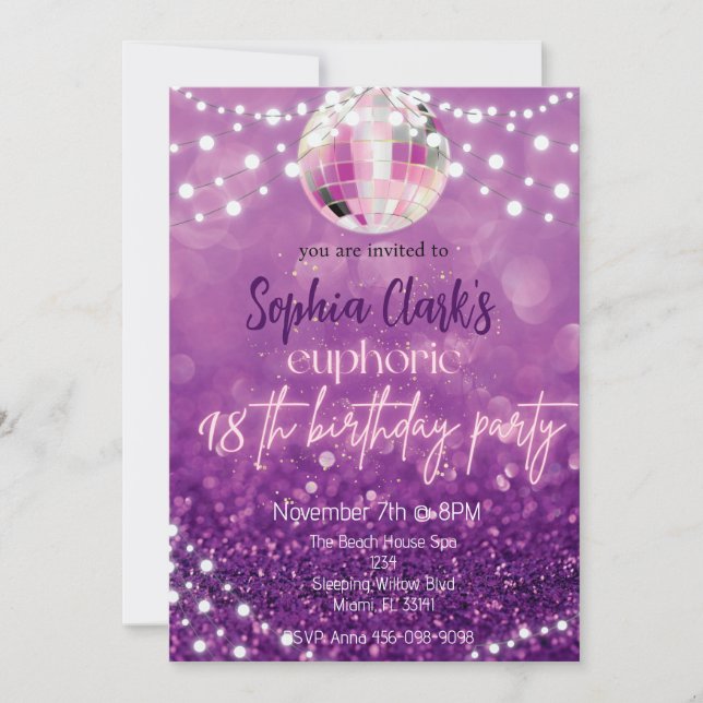 Purple Glitter 18th Birthday Euphoria Invitation  (Front)