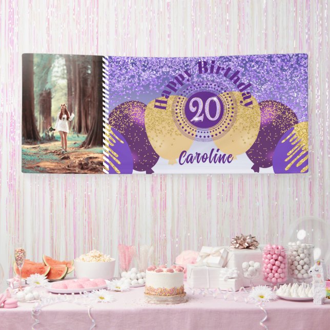 Purple Glitter 20th Birthday & Balloons  Banner (Party)
