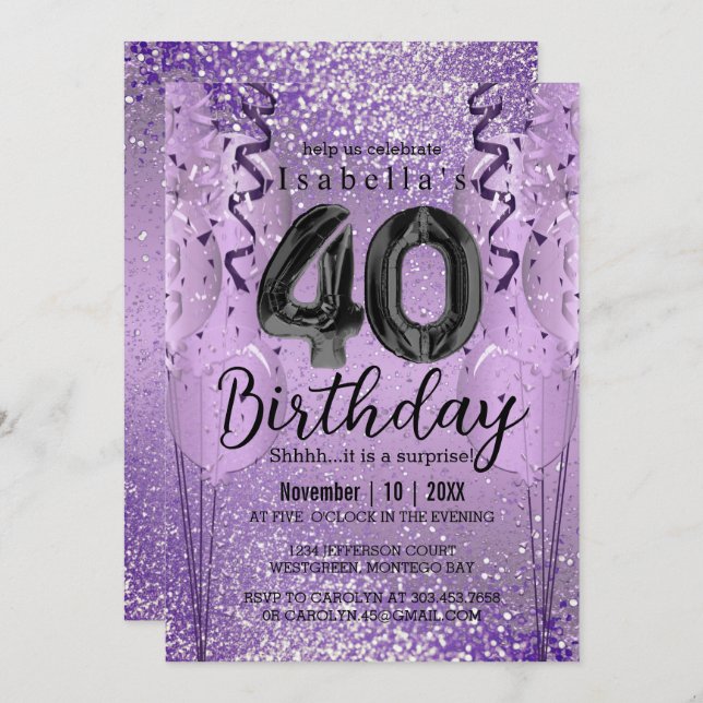 Purple Glitter 40th Birthday  Invitation (Front/Back)