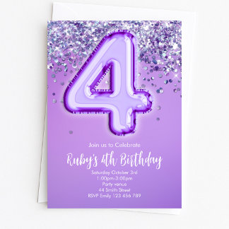 Purple Glitter 4th Birthday Invitation