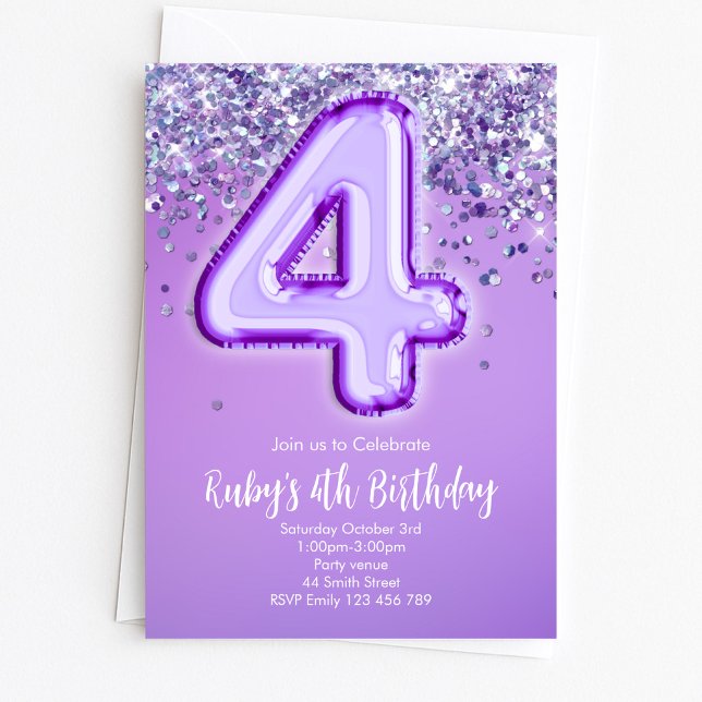 Purple Glitter 4th Birthday Invitation (Creator Uploaded)