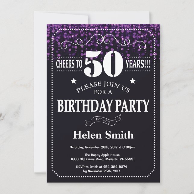 Purple Glitter 50th Birthday Invitation (Front)