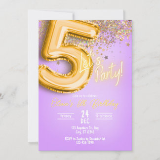 Purple Glitter 5th Birthday Invitation