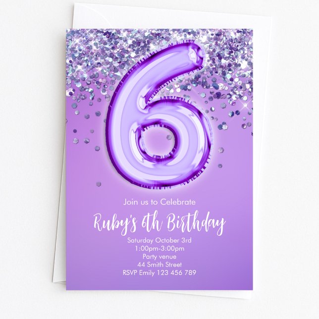 Purple Glitter 6th Birthday Invitation (Creator Uploaded)