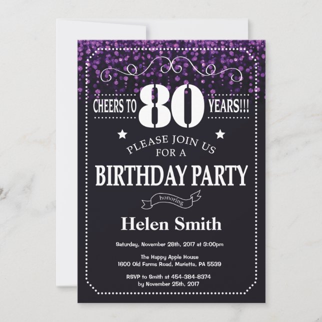 Purple Glitter 80th Birthday Invitation (Front)