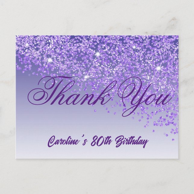 Purple Glitter, 80th Birthday Thank You Postcard (Front)
