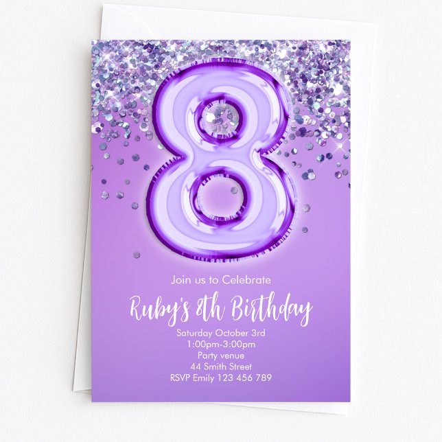 Purple Glitter 8th Birthday Invitation (Creator Uploaded)