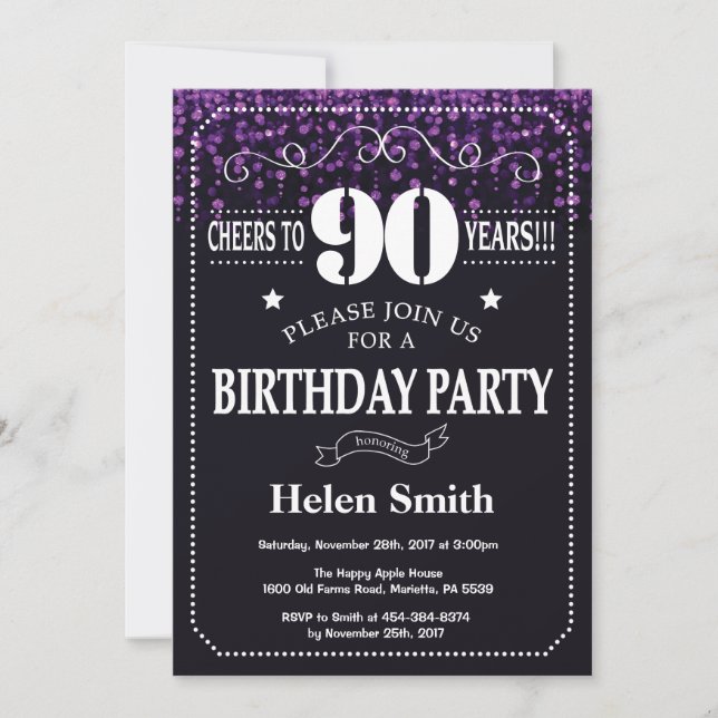 Purple Glitter 90th Birthday Invitation (Front)