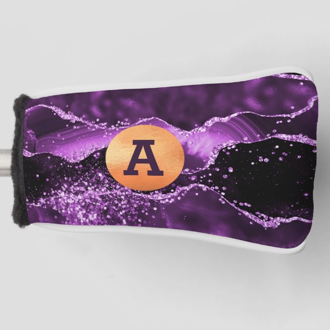 Purple glitter agate marble gold monogram gol golf head cover (Front)