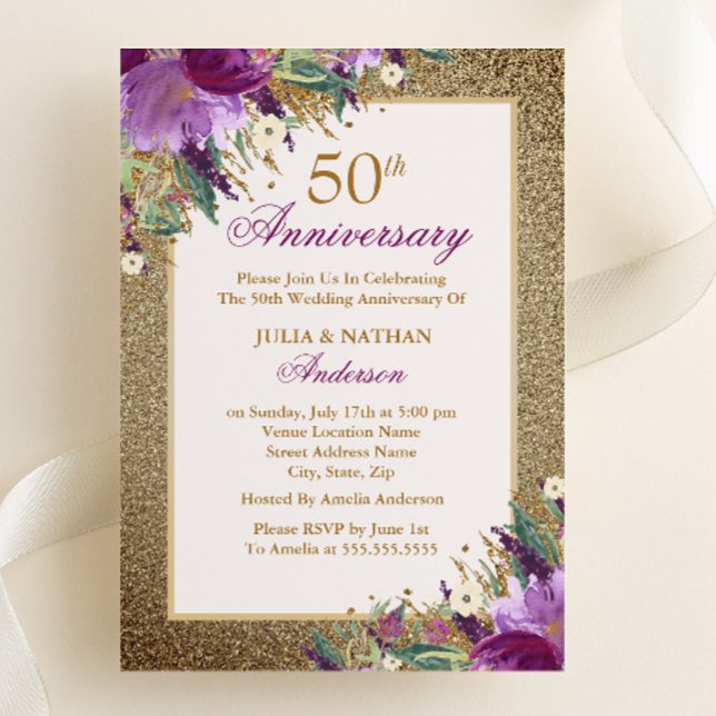 Purple Glitter Amethyst Floral 50th Anniversary Invitation (Creator Uploaded)