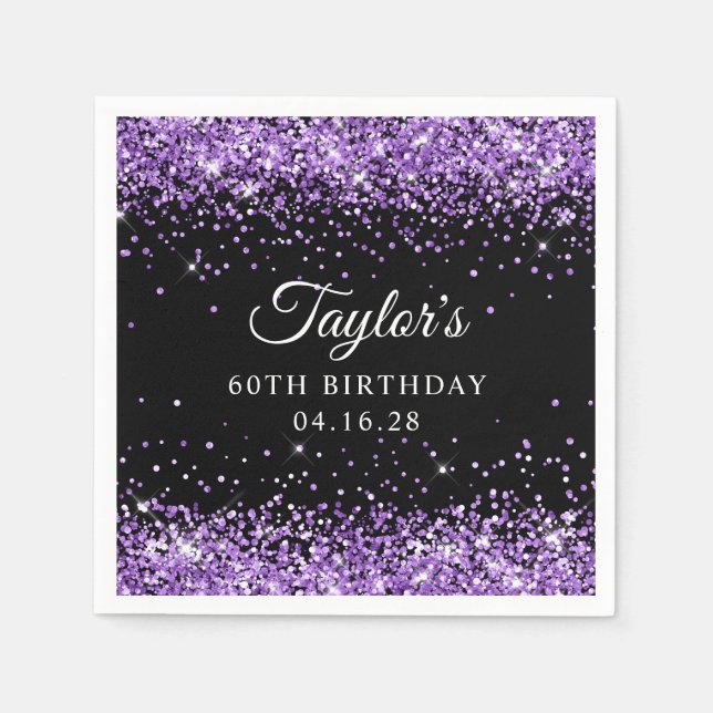 Purple Glitter and Black 60th Birthday Napkin (Front)