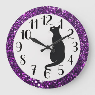 Purple Glitter and Black Cat Large Clock