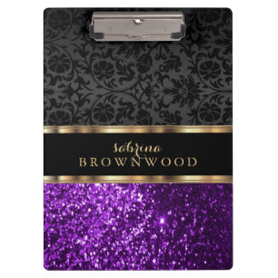 Purple Glitter and Black Damask Clipboard