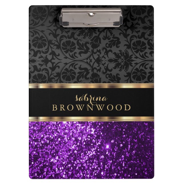 Purple Glitter and Black Damask Clipboard (Front)