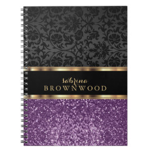 Purple Glitter and Black Damask  Notebook