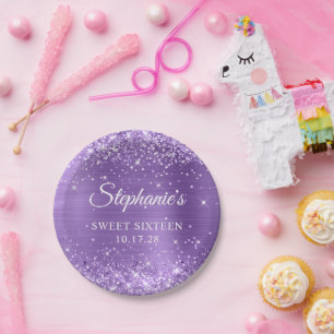 Purple Glitter and Foil Sweet Sixteen Paper Plate