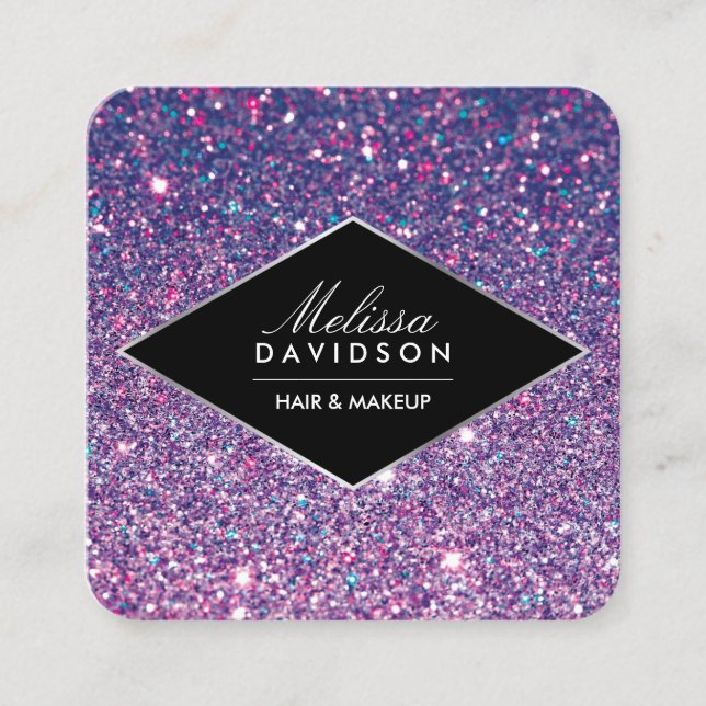 Purple Glitter and Glamour Beauty Square Business Card (Front)
