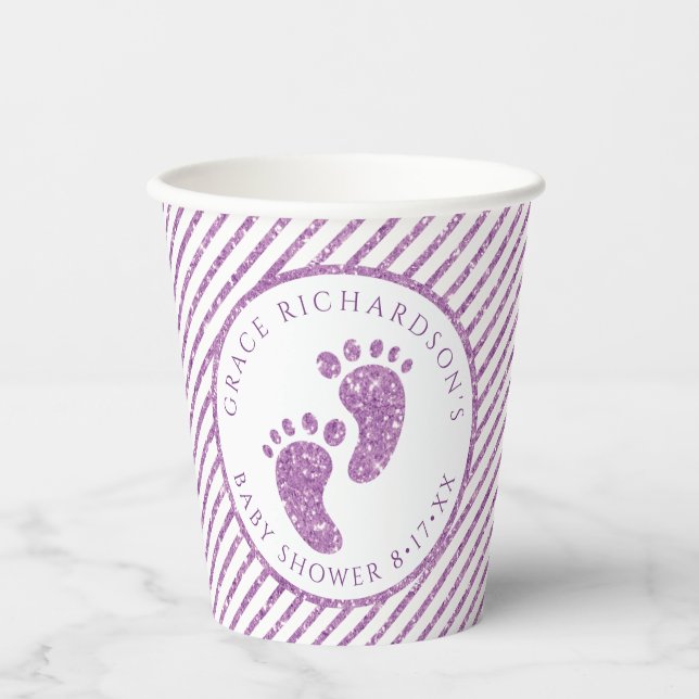 Purple Glitter Baby Feet Baby Shower Personalised  Paper Cups (Front)