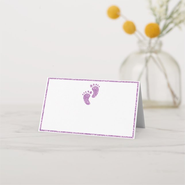 Purple Glitter Baby Feet Baby Shower Tent  Place Card (Front)