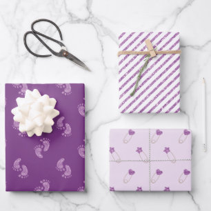 Purple Glitter Baby Feet Baby Shower Wrapping Paper Sheet