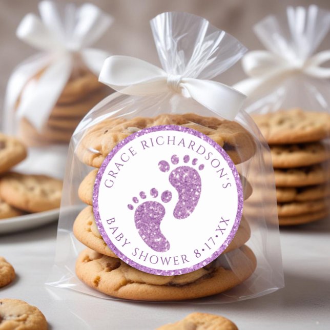 Purple Glitter Baby Shower Favour Sticker (Purple Glitter Baby Feet Favor Sticker
)