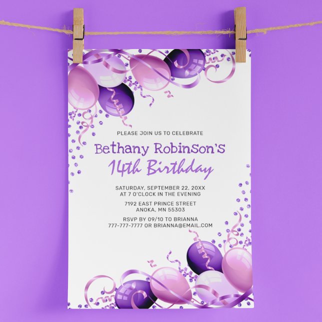 Purple Glitter Balloons Birthday Invitation (Creator Uploaded)