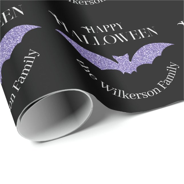 Purple Glitter Bat Happy Halloween Wrapping Paper (Roll Corner)