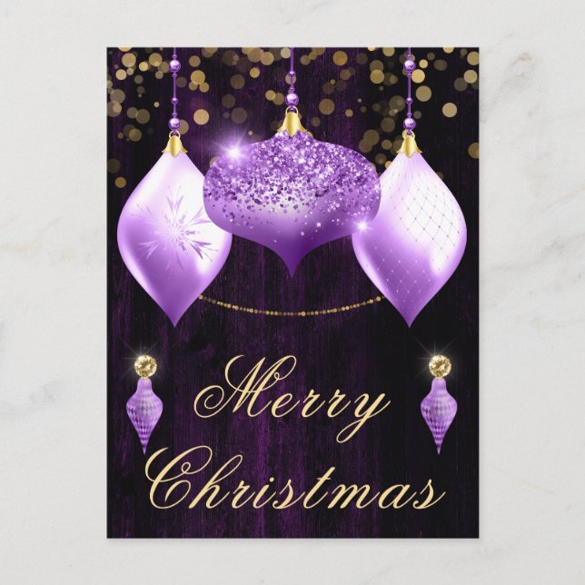 Purple Glitter Baubles Christmas Holiday Postcard (Front)
