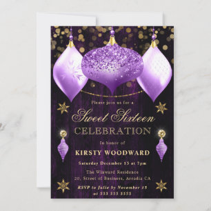 Purple Glitter Baubles Christmas Sweet 16 Invitation