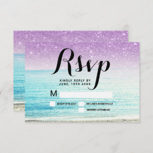 purple glitter beach photo RSVP wedding Invitation