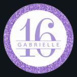 Purple Glitter Birthday Favour Sticker Label<br><div class="desc">Purple with lavender coloured customisable birthday age and name text. Great accent for elegant and modern Bat Mitzvah celebrations, sweet sixteen, 16th birthday parties, Quinceaneras, baby showers, bridal showers, and weddings. The artwork is a printed image of glitter - no real glitter is used. Visit the Paper Grape Zazzle shop...</div>