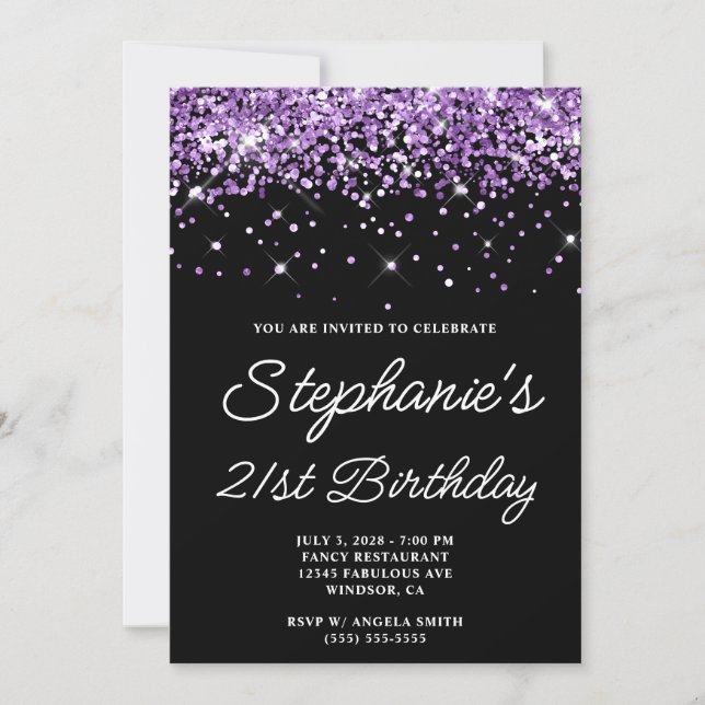 Purple Glitter Black 21st Birthday Invitation (Front)