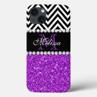 PURPLE GLITTER BLACK CHEVRON MONOGRAMMED iPhone 13 CASE