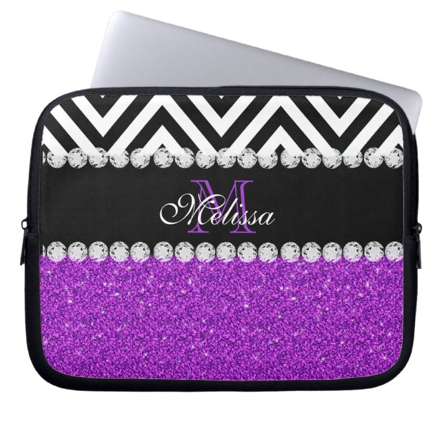 PURPLE GLITTER BLACK CHEVRON MONOGRAMMED LAPTOP SLEEVE (Front)
