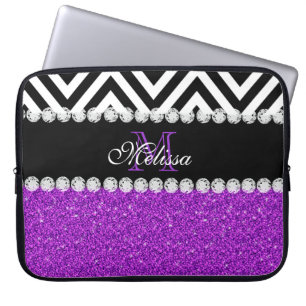 PURPLE GLITTER BLACK CHEVRON MONOGRAMMED LAPTOP SLEEVE