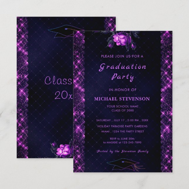Purple Glitter Black Graduation Party Invitation (Front/Back)