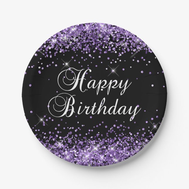 Purple Glitter Black Happy Birthday Paper Plate (Front)