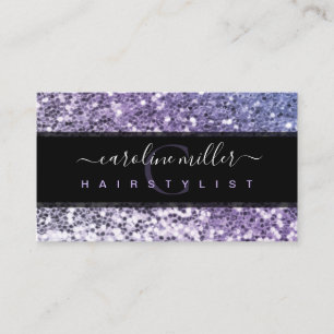 Purple Glitter Black Monogram Trendy Beauty Salon  Business Card