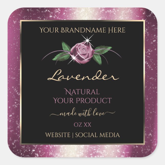 Purple Glitter Black Product Labels Rose Flower (Front)