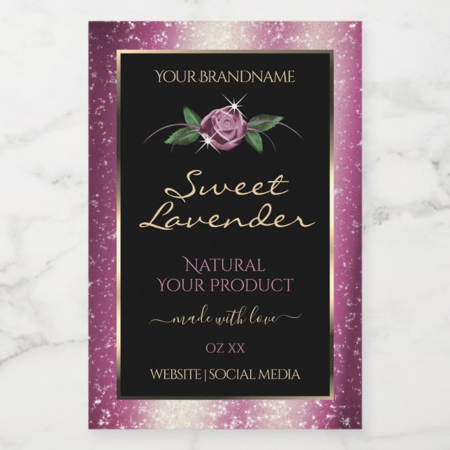 Purple Glitter Black Product Labels Rose Flower (Single Label)