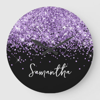Purple Glitter Black Script Name Large Clock