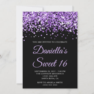 Purple Glitter Black Sweet 16 Invitation