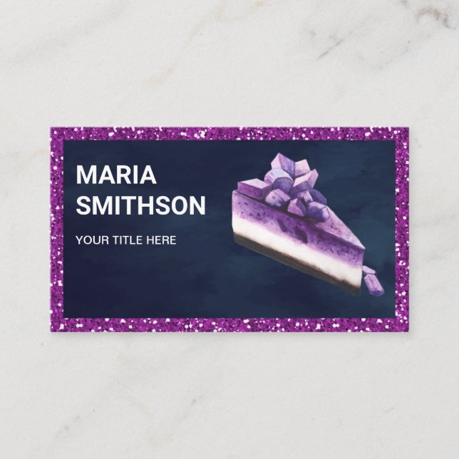 Purple Glitter Blueberry Cheesecake Slice Bakery Business Card (Front)